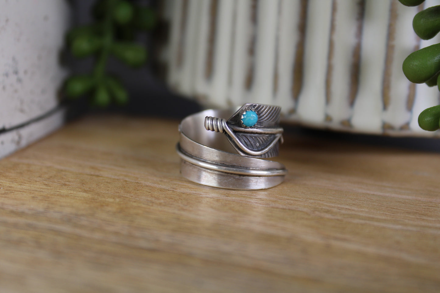 Kingman Turquoise Feather Wrap Ring – Navajo Artist Chris Charley