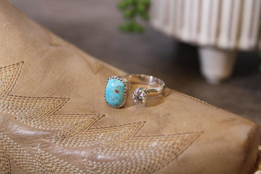 Blue Bird Turquoise & Moissanite Adjustable Ring – Sterling Silver