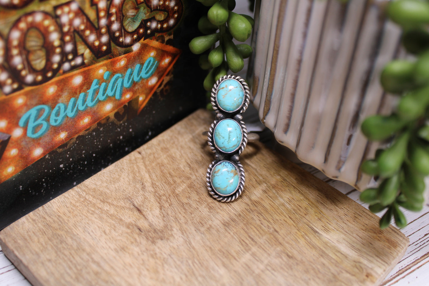 Navajo Kingman Turquoise Three-Stone Adjustable Ring – Handmade by Ray Nez