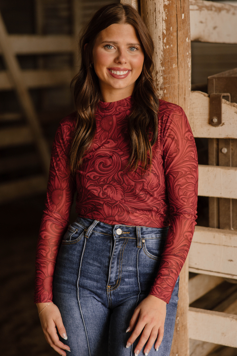 Tooled In Red Mesh Top