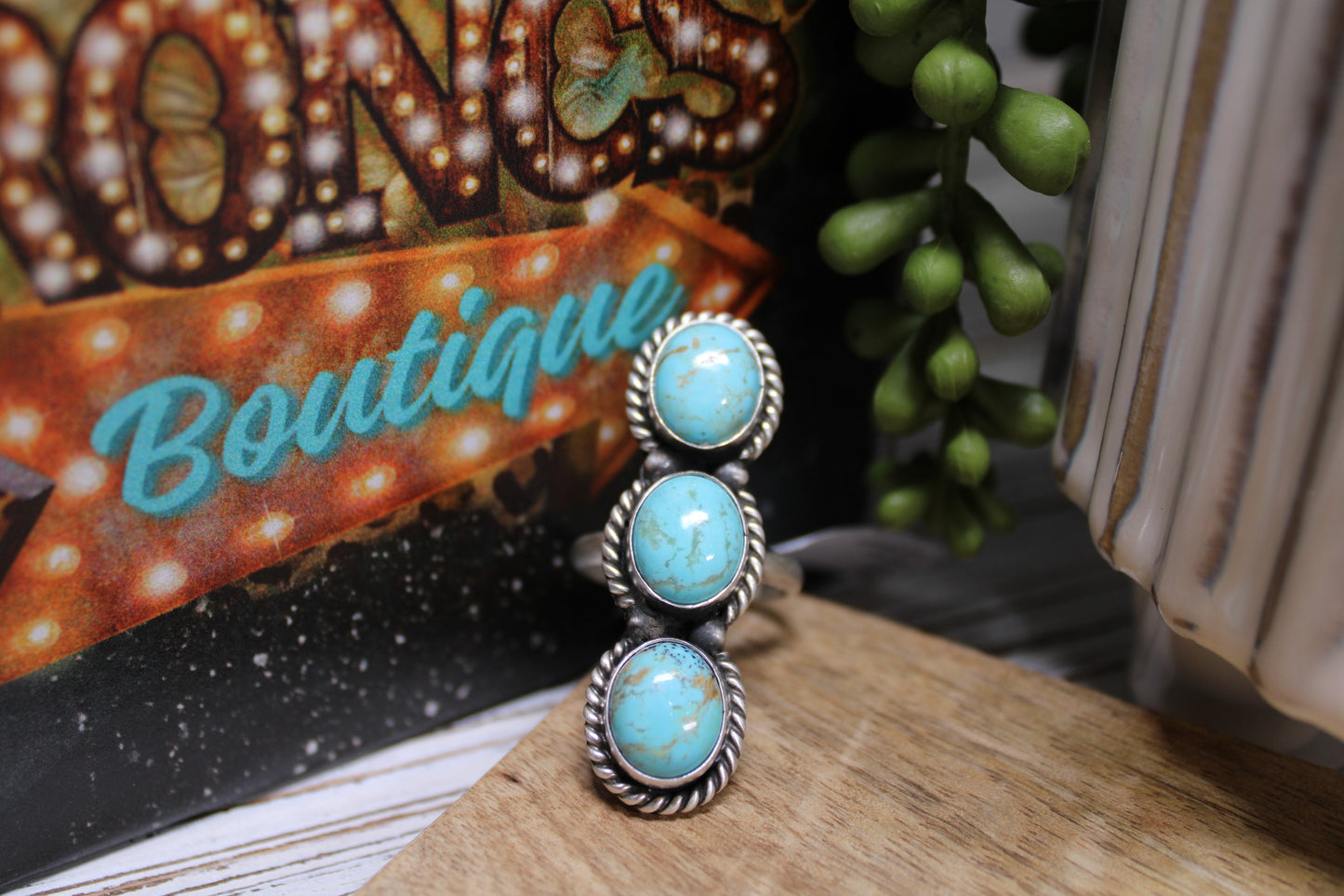 Navajo Kingman Turquoise Three-Stone Adjustable Ring – Handmade by Ray Nez