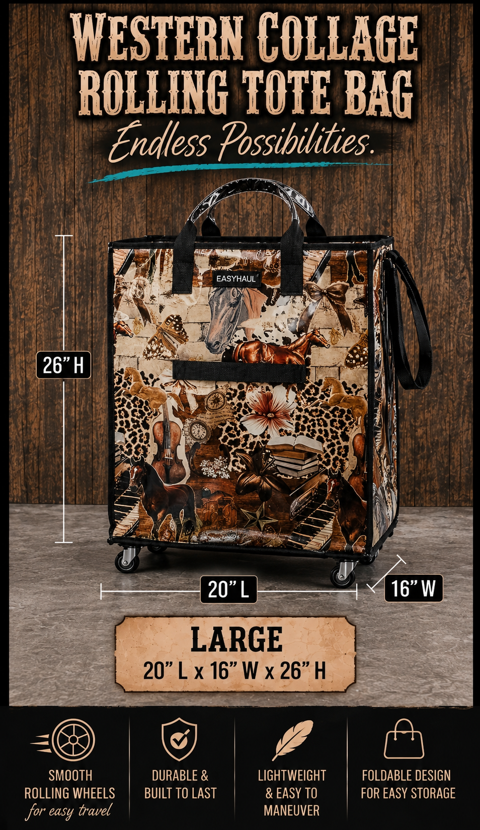 Large Western Collage EasyHaul Rolling Foldable Tote Bag