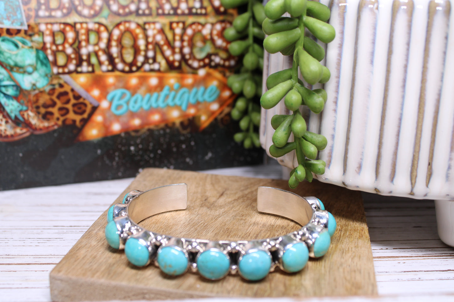 Kingman Turquoise 11-Stone Cuff – Handmade by Navajo Artist Diana Nez