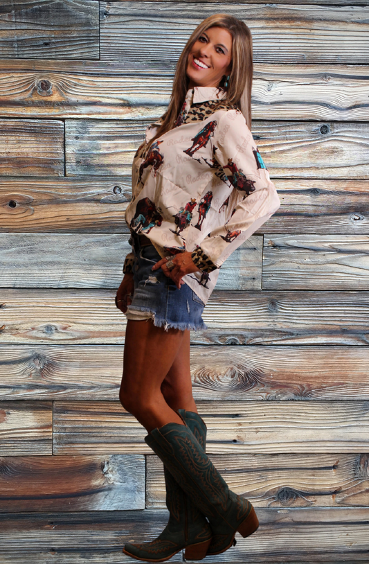 Rodeo Rope Leopard Pearl Snap Long Sleeve