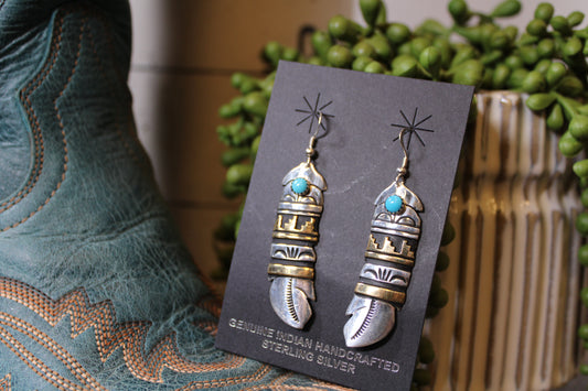 Navajo Tommy Rosita Singer Sterling Silver & 18ct Gold Handmade Turquoise Hook Earrings