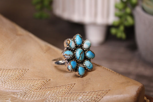 Handmade Ice Blue Dahlia Turquoise Sterling Silver Adjustable Ring