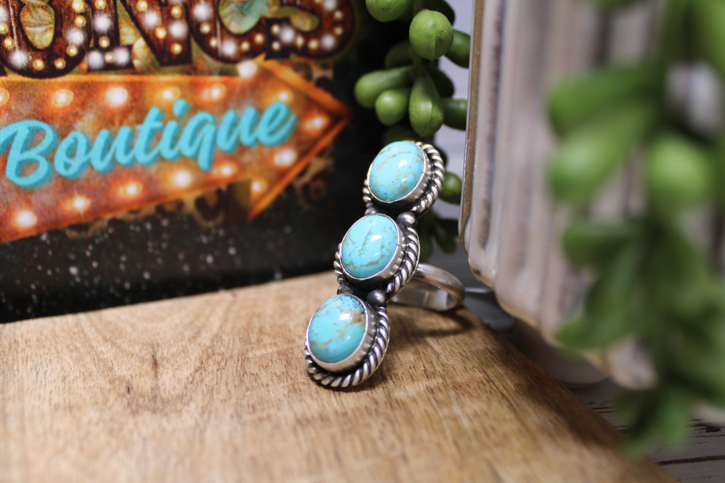 Navajo Kingman Turquoise Three-Stone Adjustable Ring – Handmade by Ray Nez