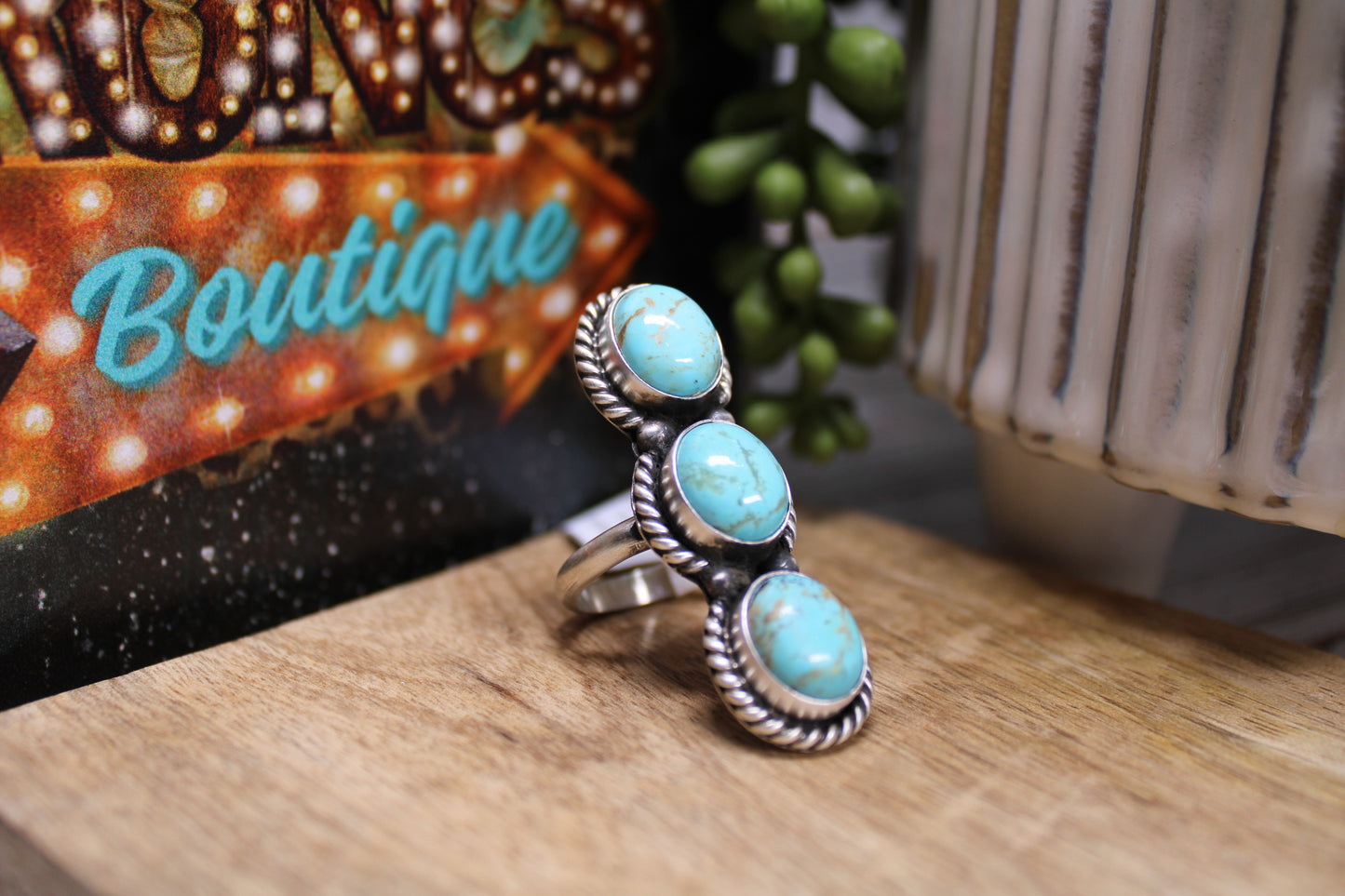 Navajo Kingman Turquoise Three-Stone Adjustable Ring – Handmade by Ray Nez