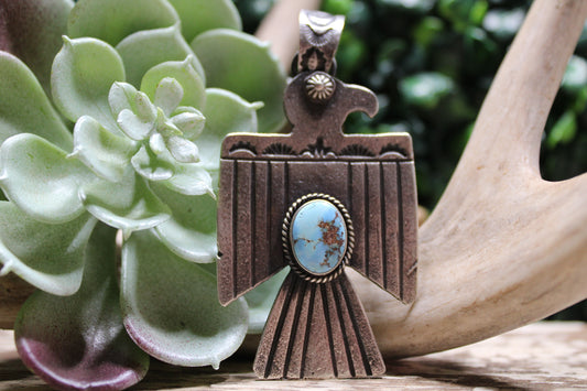 Kevin Billah Navajo Golden Hills Turquoise Thunderbird Sterling Silver Pendant
