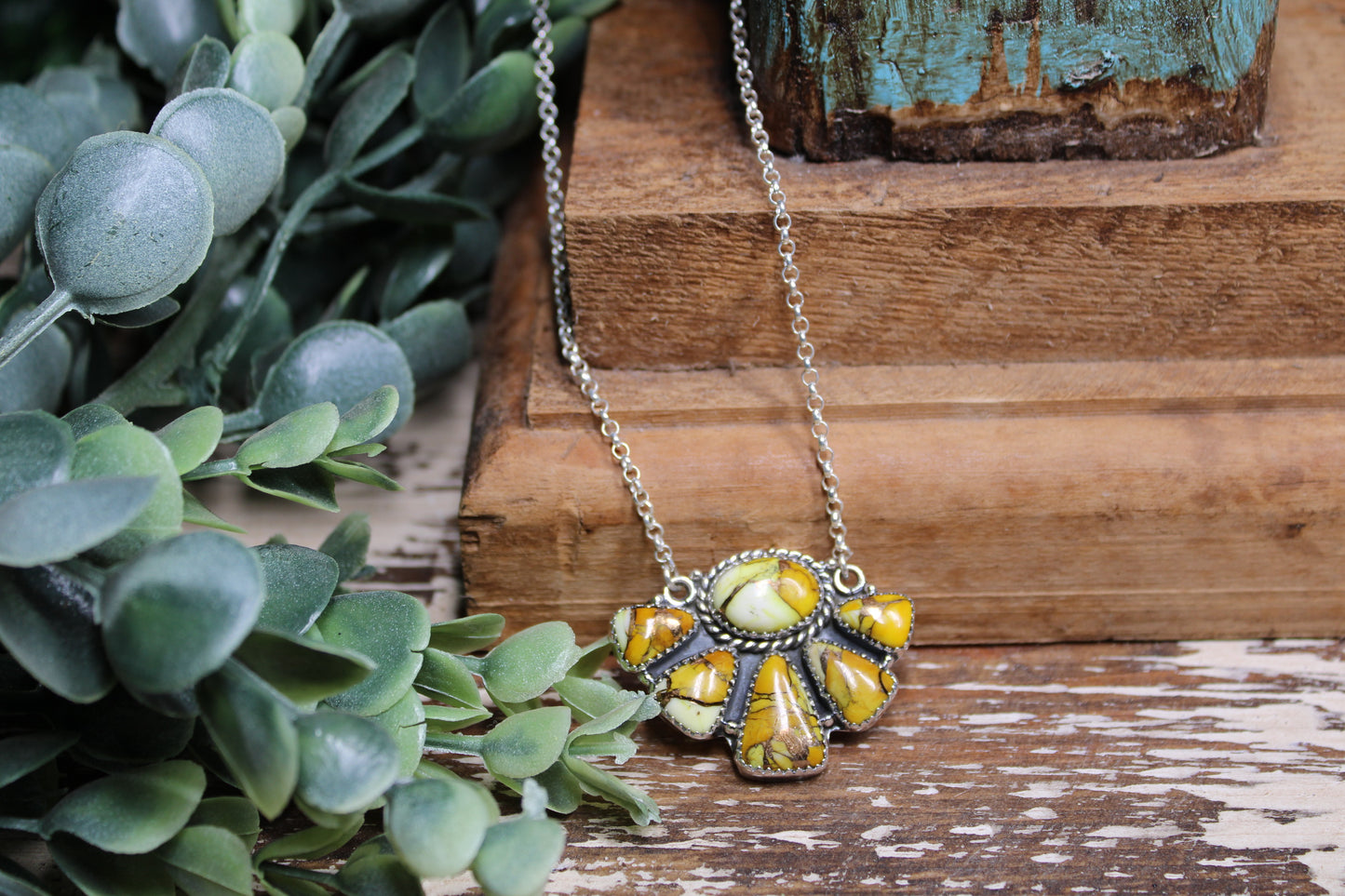 Honey Dahlia Turquoise Sterling Silver Necklace – 15” Chain