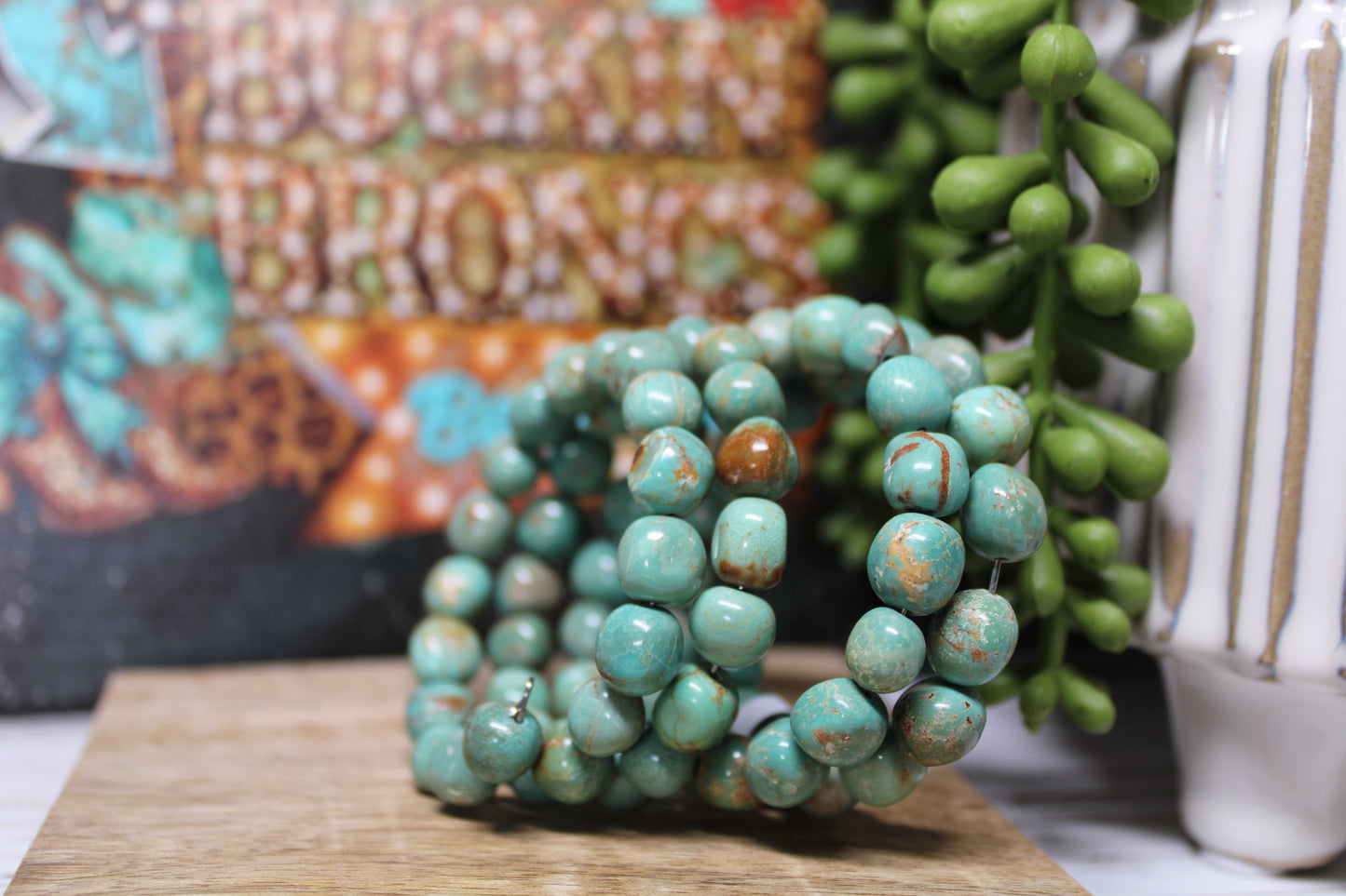 Wrap-Around Kingman Turquoise Beaded Bracelet - Handmade by Navajo Artist Vicki Johnson
