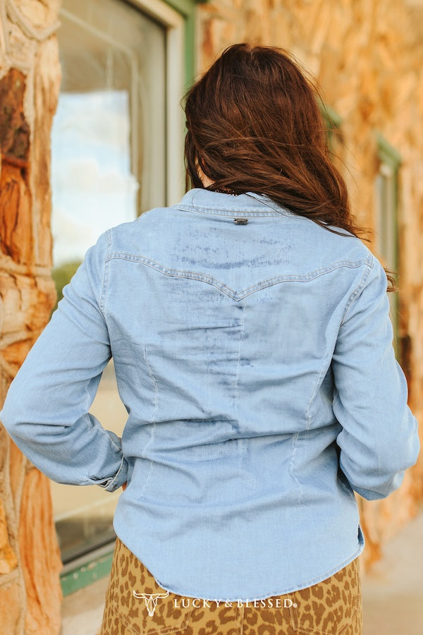 Denim Stretch Button Down Western Pearl Snap Shirt