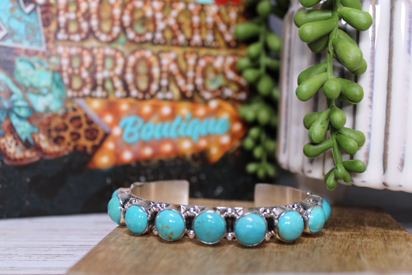 Kingman Turquoise 11-Stone Cuff – Handmade by Navajo Artist Diana Nez