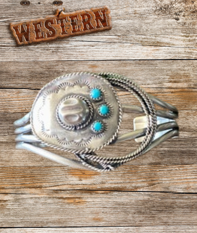 Navajo Bobby Platero Western Turquoise Cowboy Hat Lasso Cuff Bracelet - Sterling Silver