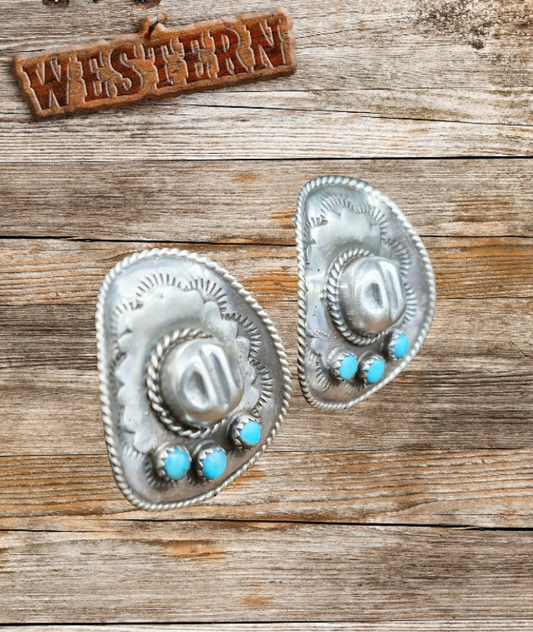 Navajo Bobby Platero Western Turquoise Cowboy Hat Earrings - Sterling Silver