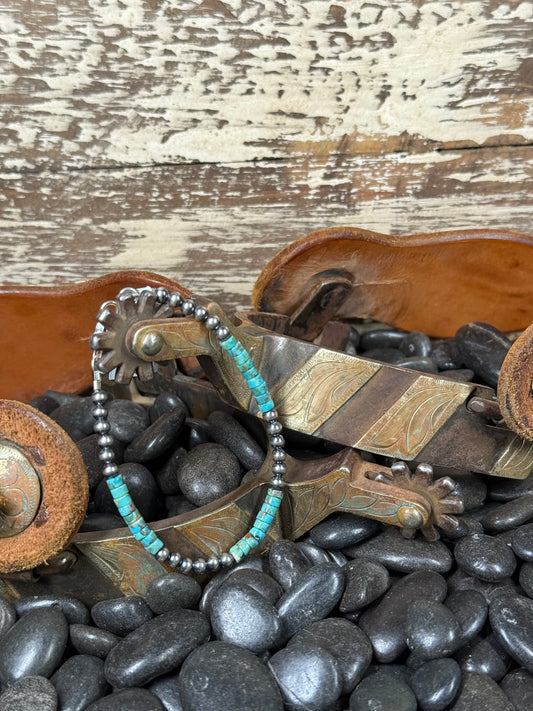 Corraine Smith Navajo Hand-Strung Kingman Turquoise & 4mm Navajo Pearl Sterling Silver Bracelet