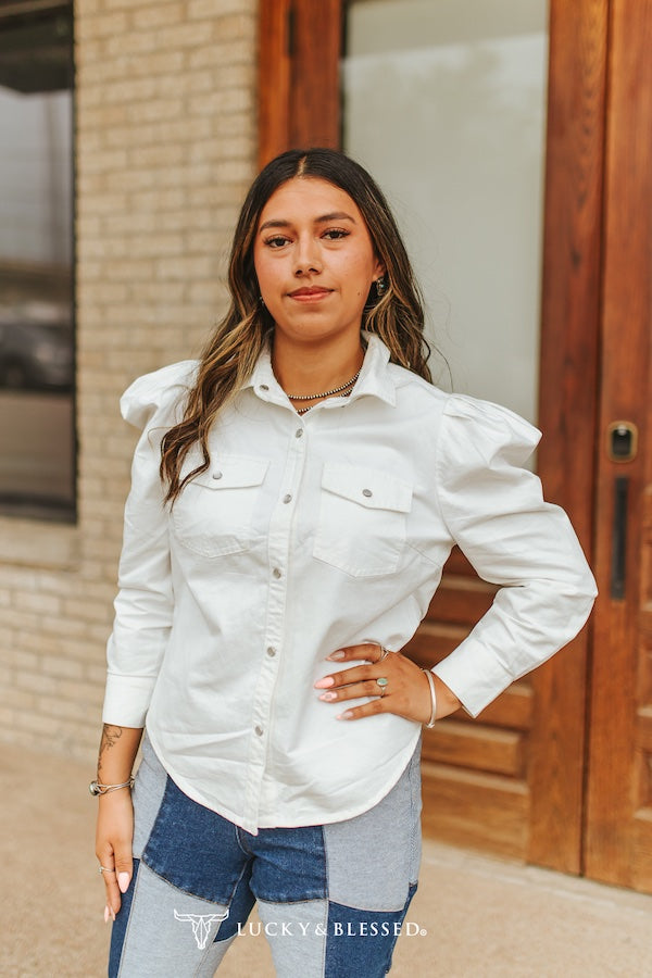 Ivory Stretch Denim Puff Sleeve Pearl Snap Shirt