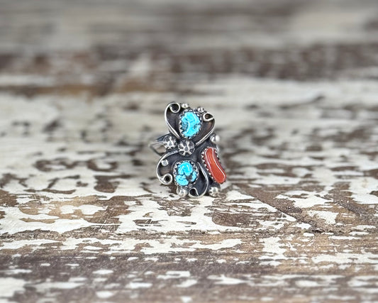 David Morris Navajo Sterling Silver Kingman Turquoise & Coral Ring – Size 9.5