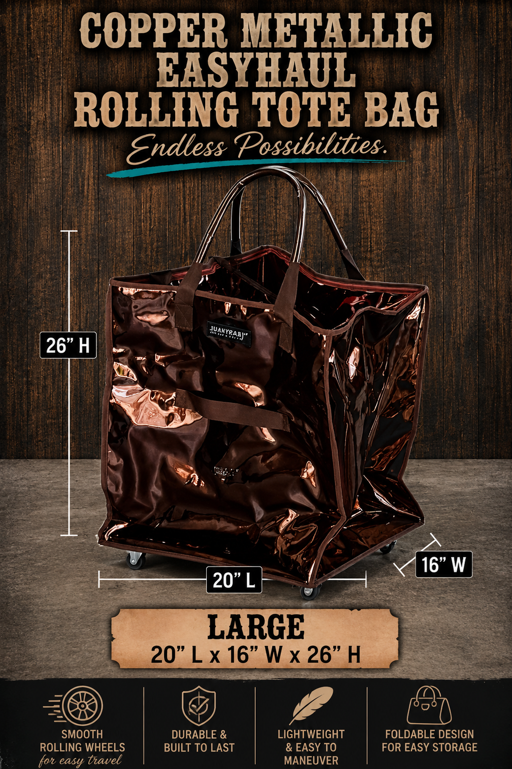 Large Copper Metallic EasyHaul Rolling Foldable Tote Bag