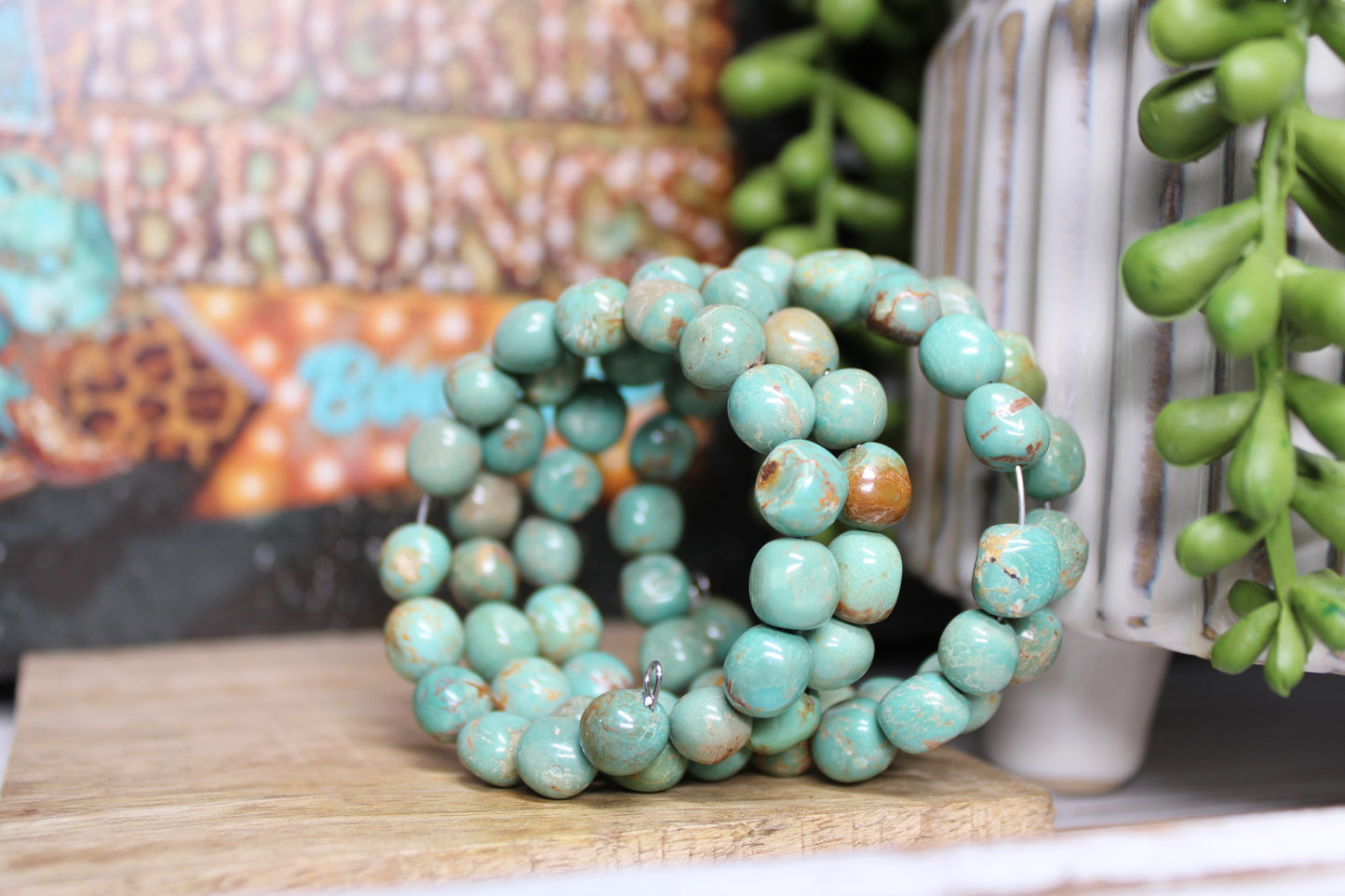 Wrap-Around Kingman Turquoise Beaded Bracelet - Handmade by Navajo Artist Vicki Johnson