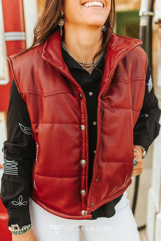 Burgundy Quilted Leather Boot-Stitch Crop Vest