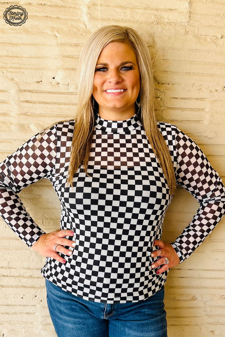 Checkered Round the Track Mesh Top – Black & White