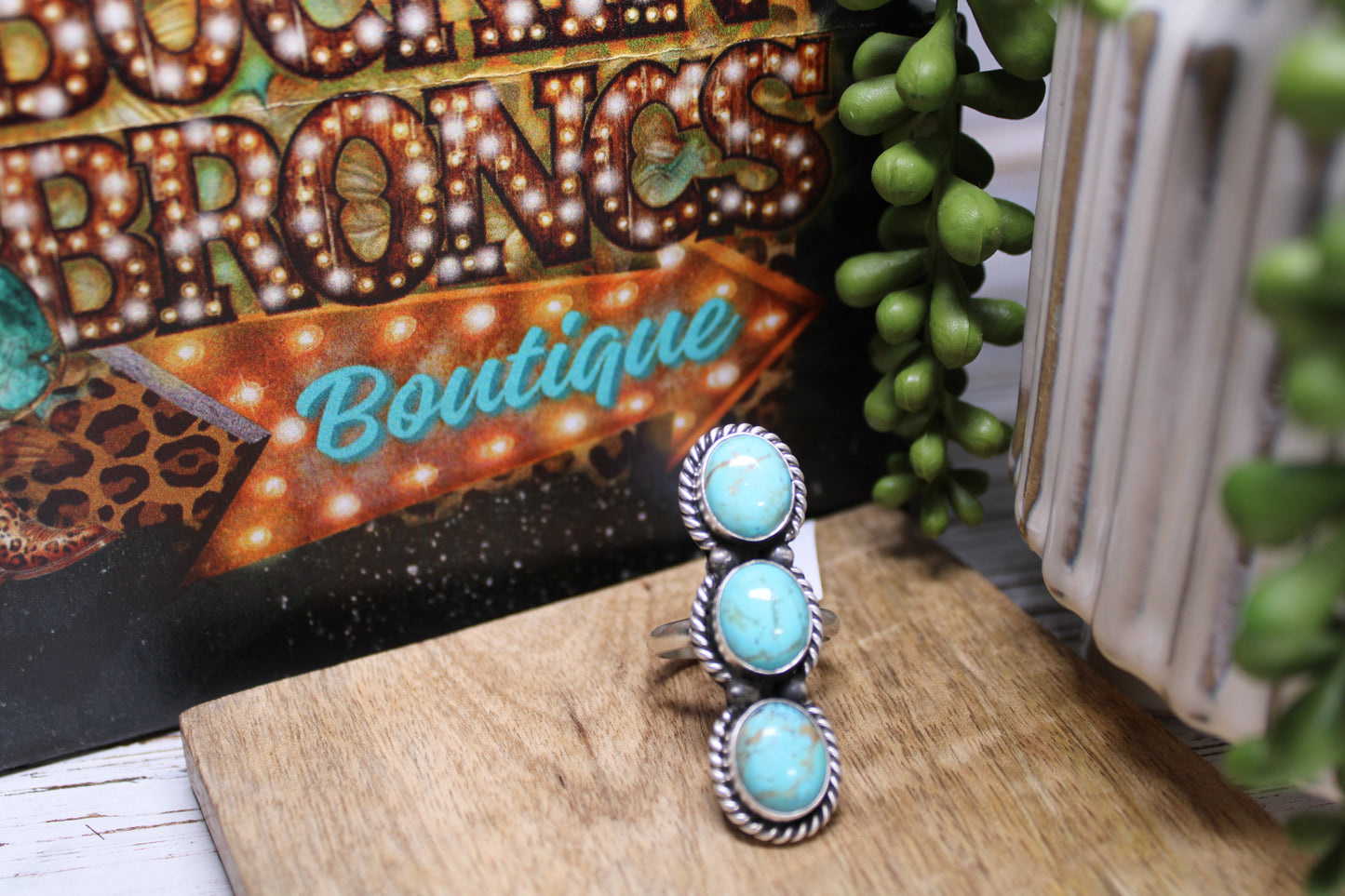 Navajo Kingman Turquoise Three-Stone Adjustable Ring – Handmade by Ray Nez