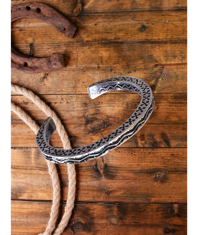 Navajo Silversmith Sunshine Reeves Stamped Sterling Silver Stamped Cuff – 6 3/4 inch