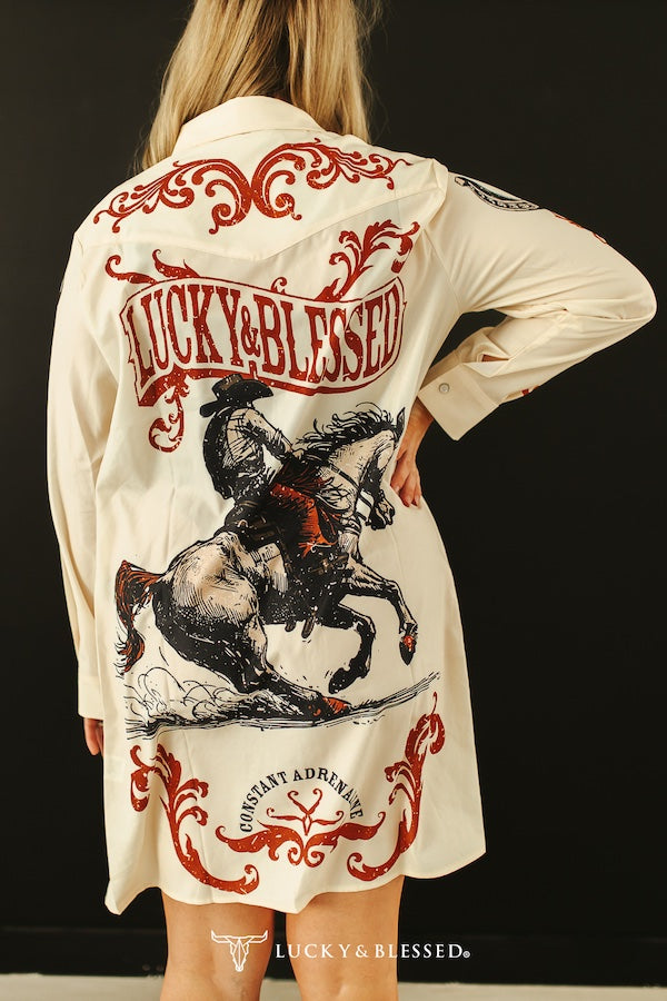 Lucky Horse Printed Pearl Snap Long Sleeve Dress