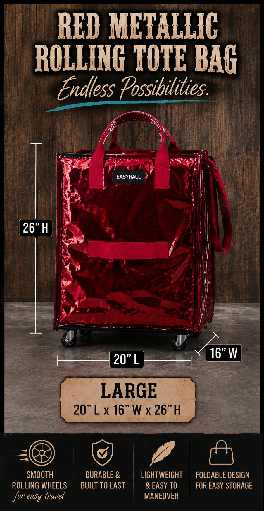 Large Red Metallic EasyHaul Rolling Foldable Tote Bag