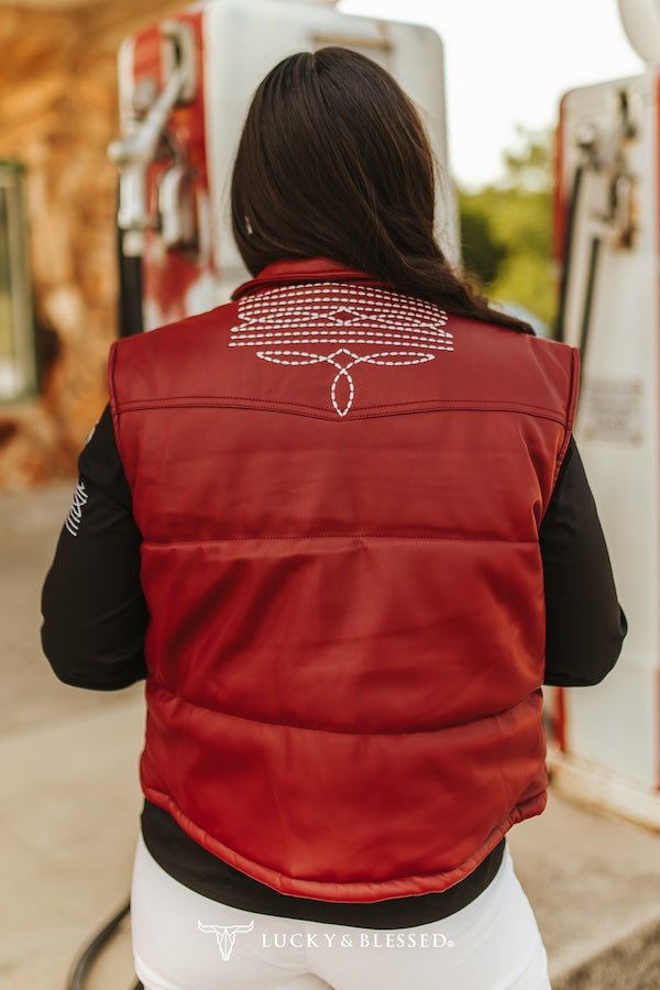 Burgundy Quilted Leather Boot-Stitch Crop Vest